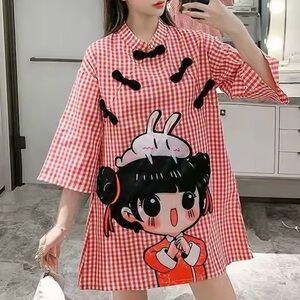 Baby Doll Dress w/ Mandarin Collar and Chinese Girl and Bunny Cartoon Print
